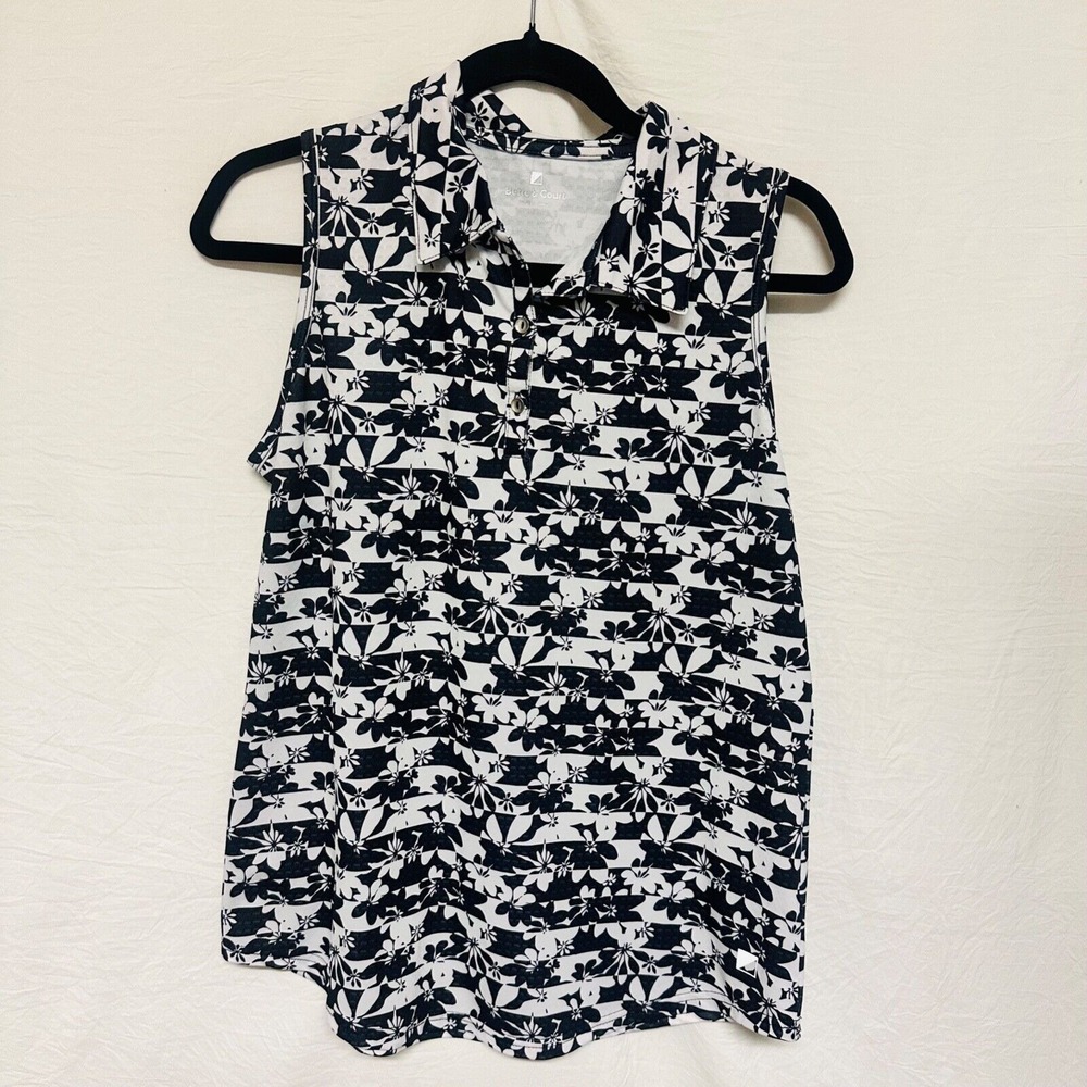 Bette & Court golf‎ top sleeveless collared floral stripe black & white Medium
